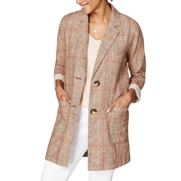 J. Jill Harper Oversized Blazer Jacket Size M Rust Red Tartan Plaid Linen Blend - Picture 1 of 8
